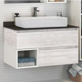 Тумба с раковиной Comforty Прага 90 дуб белый, с раковиной Comforty 78189, серая столешница_