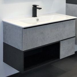 Тумба с раковиной Comforty Франкфурт 90 бетон светлый, с раковиной Quadro 90_