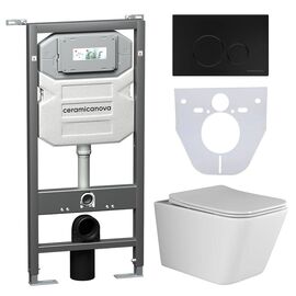 Сет 4 в 1 Ceramicanova унитаз Metric Rimless инсталляция с кнопкой Round цвет черный матовый CN3007_1001B_1000_