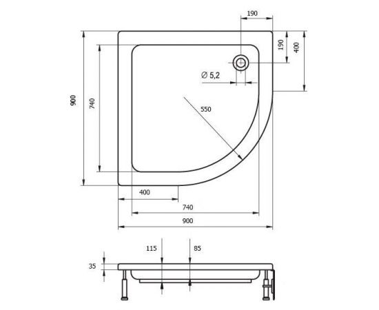 Акриловый душевой поддон Riho 207 90x90 белый 1/4 круга R550 DA2100500000000_, изображение 2