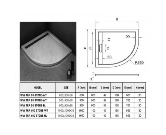 Душевой поддон WeltWasser WW TRR  90 Stone-BL черный_, изображение 2