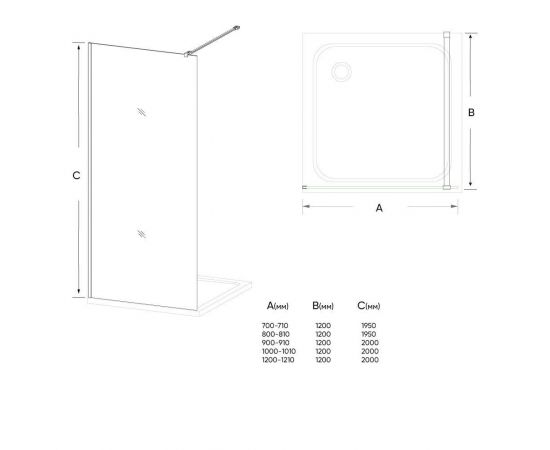 Душевая перегородка Veconi Korato 70x195 стекло прозрачное профиль хром KR72-70-01-19C1_, изображение 2