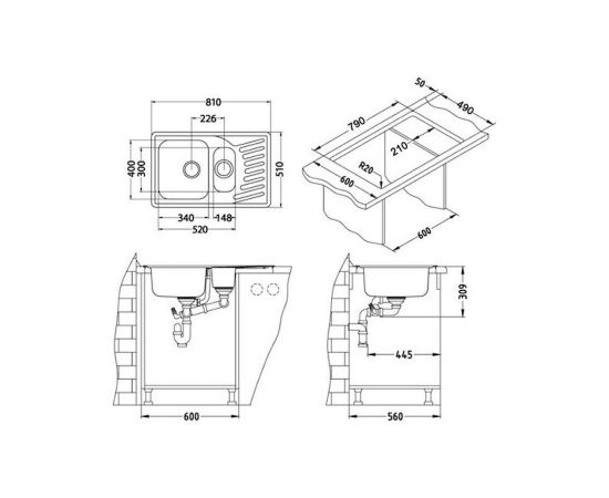 Мойка Alveus ELEGANT 110 SAT-90 810X510 1+1/2 в комплекте с сифоном_, изображение 3