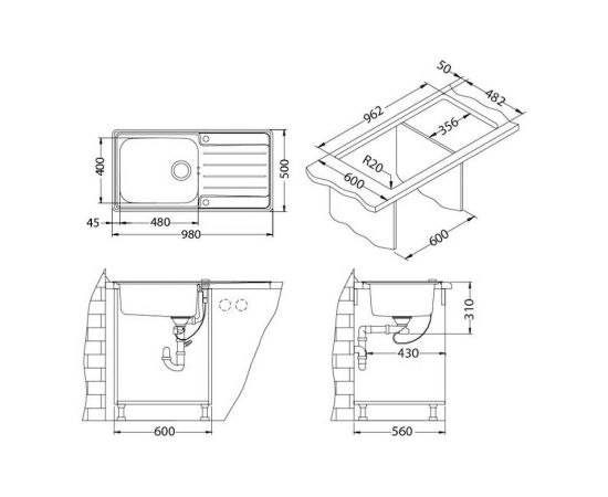 Мойка Alveus PRAKTIK 100 SAT-90 980X500 в комплекте с сифоном_, изображение 3