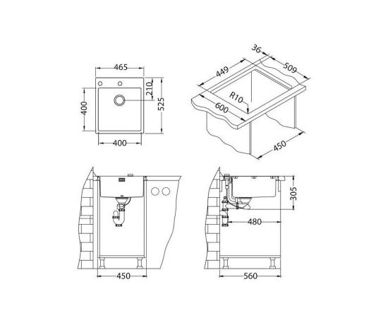 Мойка Alveus PURE 20 KMB-90 465X525 в комплекте с сифоном_, изображение 3