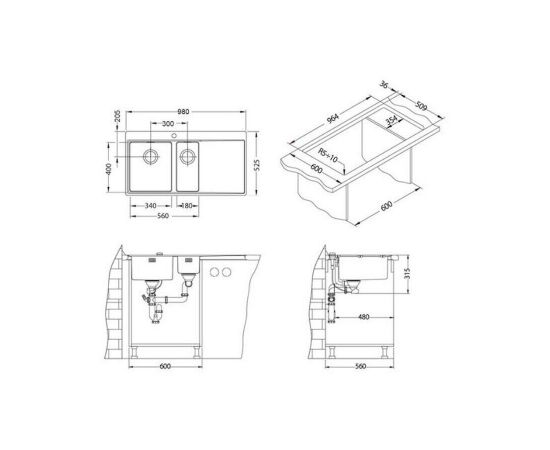 Мойка Alveus PURE 60L KMB-90 980X525 левая в комплекте с сифоном_, изображение 3