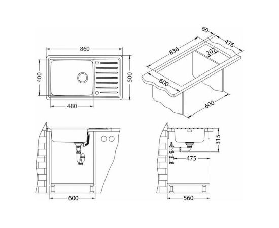 Мойка Alveus GALEO 30 SAT 90 FI 860X500 в комплекте с сифоном_, изображение 5