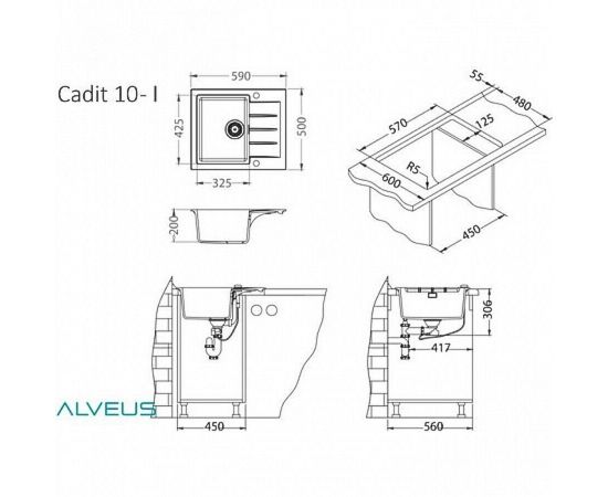 Мойка Alveus GRANITAL CADIT 10 ARCTIC - G11 590 X 500  1X в комплекте с сифоном_, изображение 3