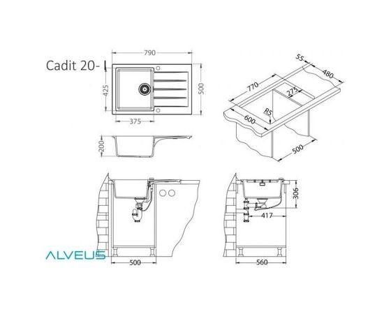 Мойка Alveus GRANITAL CADIT 20 ARCTIC - G11 790 X 500  1X в комплекте с сифоном_, изображение 3