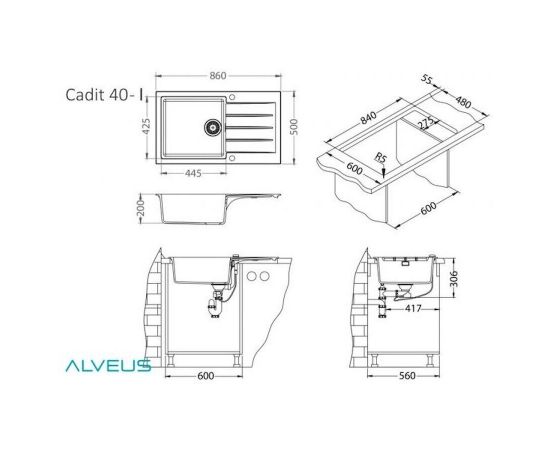 Мойка Alveus GRANITAL CADIT 40 ARCTIC - G11 860 X 500 1X в комплекте с сифоном_, изображение 3