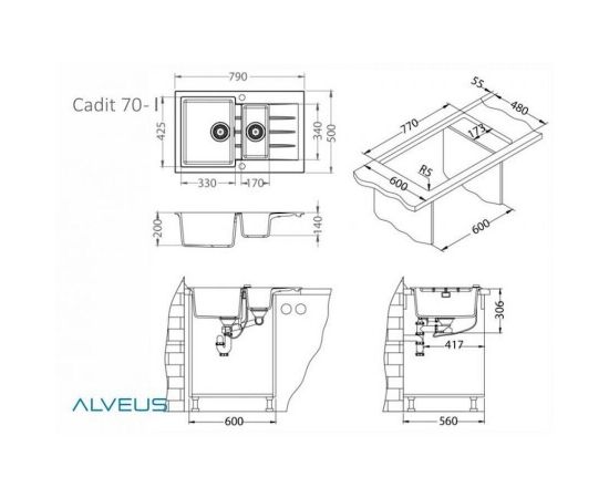 Мойка Alveus CADIT 70 ARCTIC - G11 790 X 500 в комплекте с сифоном_, изображение 3