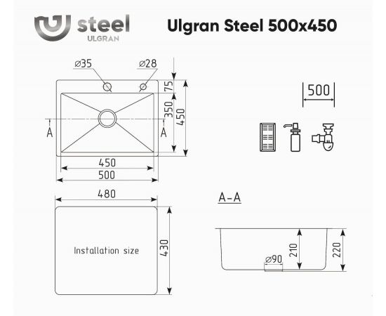 Кухонная мойка Ulgran Steel 50х45, брашированная сталь_, изображение 7