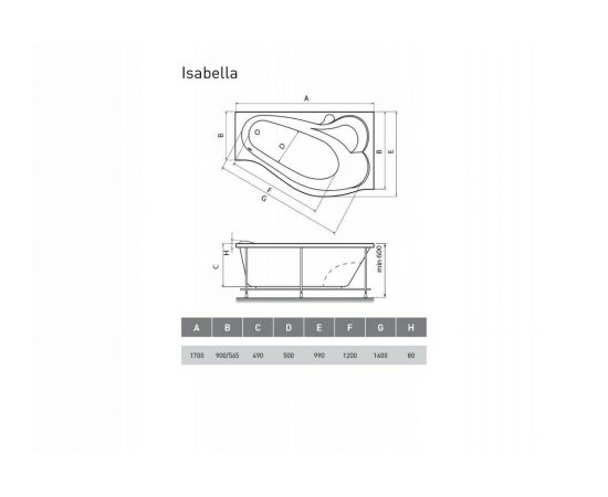 Акриловая ванна Relisan Isabella R 170x90 с каркасом_, изображение 6