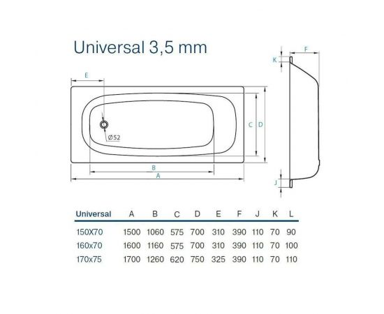 Стальная ванна Koller Pool Universal 160X70 B60HAH00E_, изображение 2