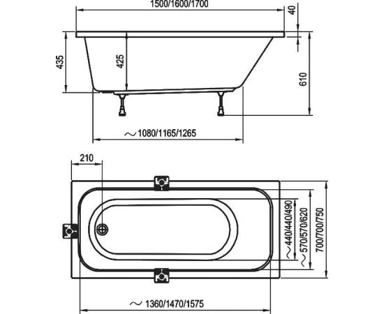 Акриловая ванна Ravak Domino 170х75 с ножками CY00030000 и сливом-переливом X01507_, изображение 2