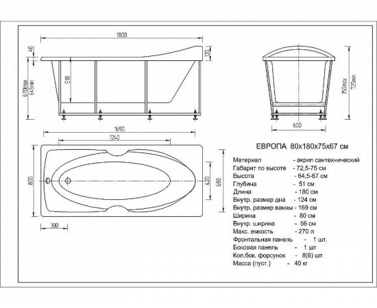 Акриловая ванна Акватек Европа 180х80 пустая с фр.экр. (слив слева, вклеенный каркас)_, изображение 4