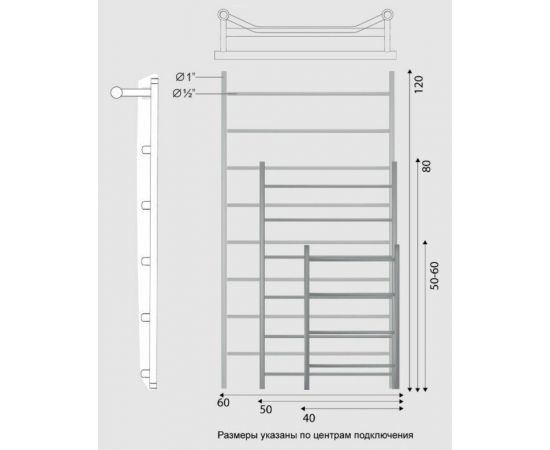 Полотенцесушитель Двин FTE 50/40 Водяной полн.высота 60 см. / 1"-1/2" К2 выход 1" слева Черный матовый (4627169560785)_, изображение 2