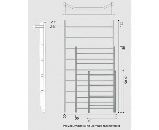 Полотенцесушитель Двин FTE 50/40 Водяной полн.высота 60 см. / 1"-1/2" К2 выход 1" справа Черный матовый (4627169562147)_, изображение 2