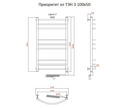 Полотенцесушитель Тругор Приоритет эл ТЭН 3 100*50 (ЛЦ2) (Приоритет3/элТЭН10050)_, изображение 2