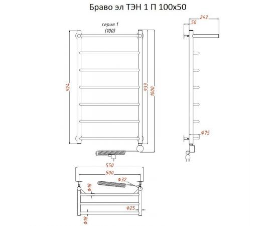 Полотенцесушитель Тругор Браво эл ТЭН 1 П 100*50 (ЛЦ4) (Браво1/элТЭН10050 П)_, изображение 2