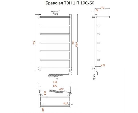 Полотенцесушитель Тругор Браво эл ТЭН 1 П 100*60 (ЛЦ4) (Браво1/элТЭН10060 П)_, изображение 2