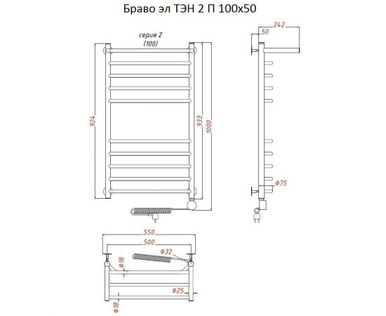 Полотенцесушитель Тругор Браво эл ТЭН 2 П 100*50 (ЛЦ4) (Браво2/элТЭН10050 П)_, изображение 2