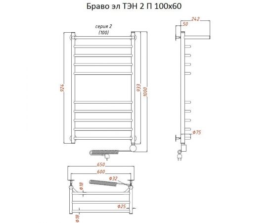 Полотенцесушитель Тругор Браво эл ТЭН 2 П 100*60 (ЛЦ4) (Браво2/элТЭН10060 П)_, изображение 2