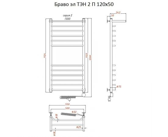 Полотенцесушитель Тругор Браво эл ТЭН 2 П 120*50 (ЛЦ4) (Браво2/элТЭН12050 П)_, изображение 2