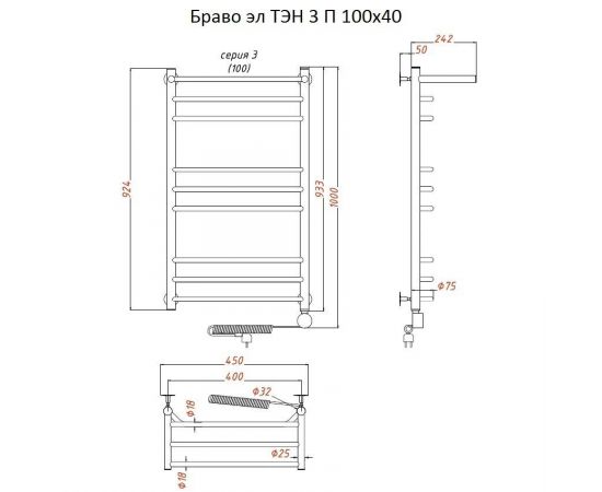 Полотенцесушитель Тругор Браво эл ТЭН 3 П 100*40 (ЛЦ4) (Браво3/элТЭН10040 П)_, изображение 2