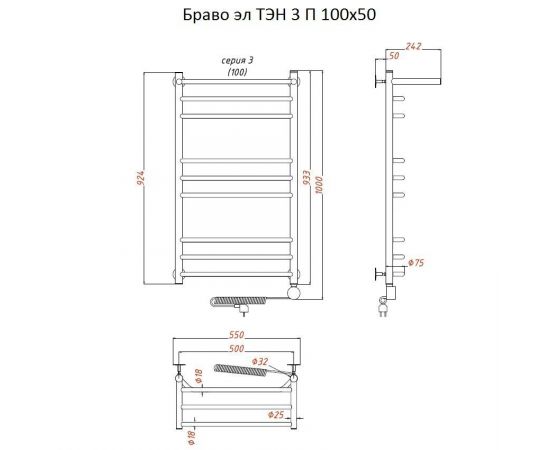 Полотенцесушитель Тругор Браво эл ТЭН 3 П 100*50 (ЛЦ4) (Браво3/элТЭН10050 П)_, изображение 2