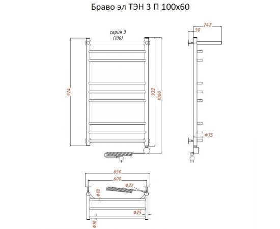 Полотенцесушитель Тругор Браво эл ТЭН 3 П 100*60 (ЛЦ4) (Браво3/элТЭН10060 П)_, изображение 2