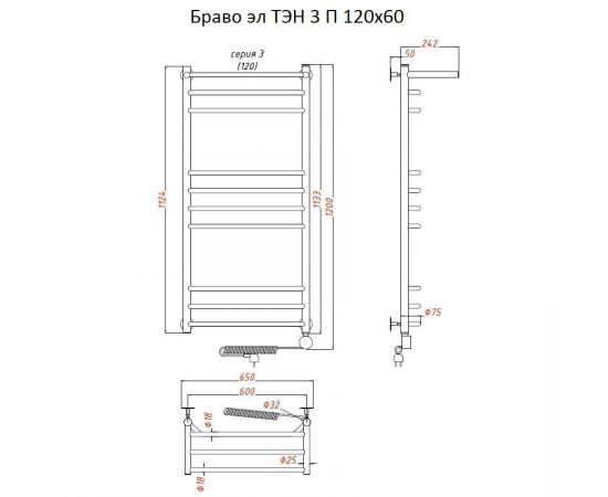 Полотенцесушитель Тругор Браво эл ТЭН 3 П 120*60 (ЛЦ4) (Браво3/элТЭН12060 П)_, изображение 2