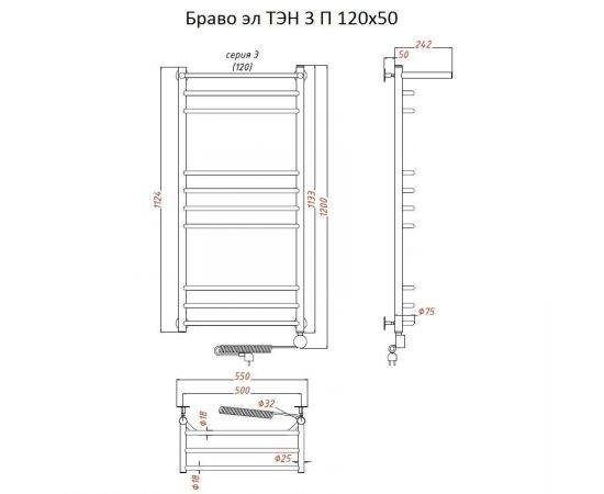 Полотенцесушитель Тругор Браво эл ТЭН 3 П 120*50 (ЛЦ4) (Браво3/элТЭН12050 П)_, изображение 2