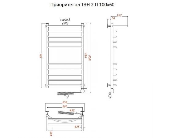 Полотенцесушитель Тругор Приоритет эл ТЭН 2 П 100*60 (ЛЦ2) (Приоритет2/элТЭН10060 П)_, изображение 2