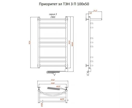 Полотенцесушитель Тругор Приоритет эл ТЭН 3 П 100*50 (ЛЦ2) (Приоритет3/элТЭН10050 П)_, изображение 2