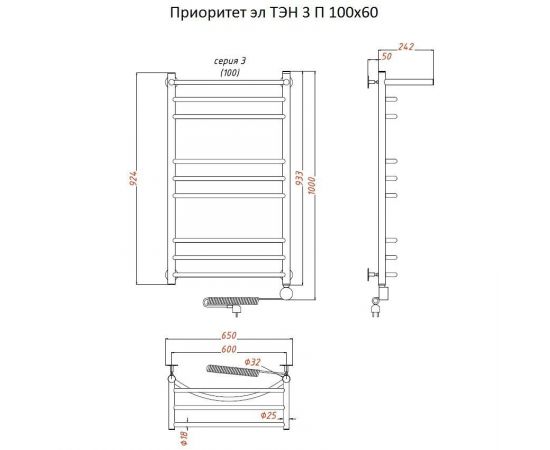 Полотенцесушитель Тругор Приоритет эл ТЭН 3 П 100*60 (ЛЦ2) (Приоритет3/элТЭН10060 П)_, изображение 2