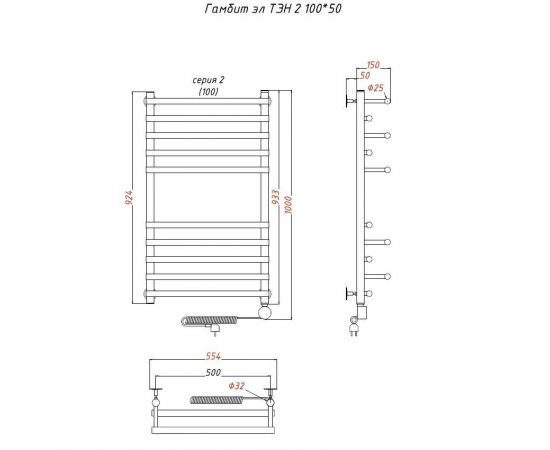 Полотенцесушитель Тругор Гамбит эл ТЭН 2 100*50 (ЛЦ24) (Гамбит2/элТЭН10050)_, изображение 2