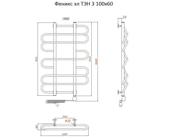 Полотенцесушитель Тругор Феникс эл ТЭН 3 100*60 (ЛЦ36) (Феникс3/элТЭН10060)_, изображение 2