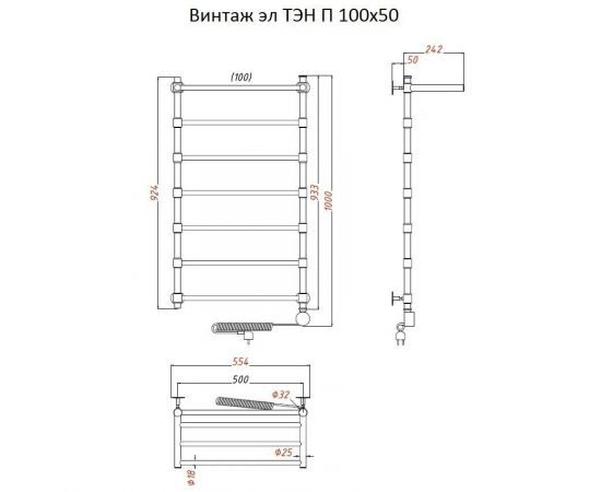 Полотенцесушитель Тругор Винтаж эл ТЭН П 100*50 (ЛЦ33) (Винтаж/элТЭН10050 П)_, изображение 2