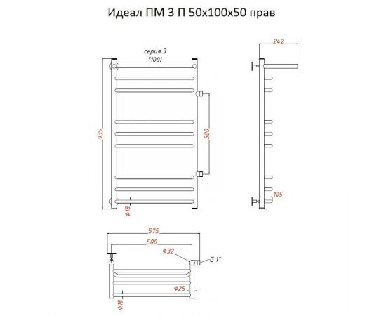 Полотенцесушитель Тругор Идеал ПМ 3 П 50*100*50 (ЛЦ5) прав (Идеал3/ПМ5010050 П прав)_, изображение 2