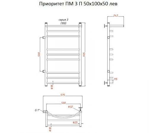 Полотенцесушитель Тругор Приоритет ПМ 3 П 50*100*50 (ЛЦ2) лев (Приоритет3/ПМ5010050 Плев)_, изображение 2