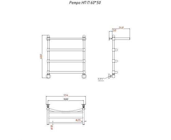 Полотенцесушитель Тругор Ретро НП П 60*50 (ЛЦ33 нов) D25 (Ретро/нп6050 D25 П)_, изображение 2