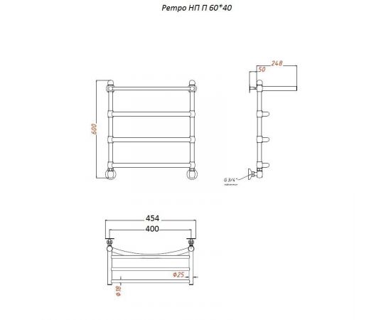 Полотенцесушитель Тругор Ретро НП П 60*40 (ЛЦ33 нов) D25 (Ретро/нп6040 D25 П)_, изображение 2