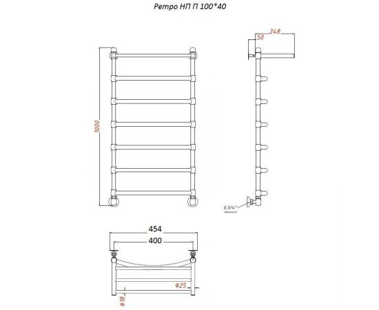 Полотенцесушитель Тругор Ретро НП П 100*40 (ЛЦ33 нов) D25 (Ретро/нп10040 D25 П)_, изображение 2