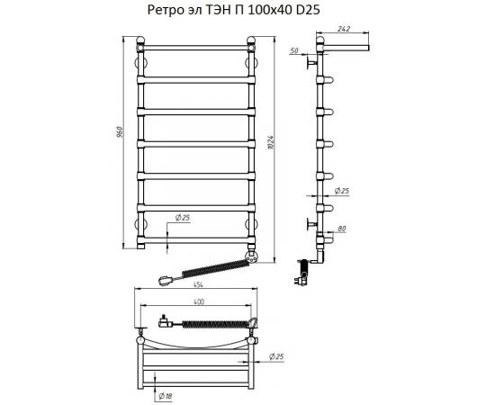 Полотенцесушитель Тругор Ретро эл ТЭН П 100*40 (ЛЦ33 нов) D25 (Ретро/элТЭН10040 D25 П)_, изображение 2