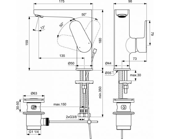 Смеситель для раковины с металлическим донным клапаном Ideal Standard CERAFINE O BC703XG_, изображение 2