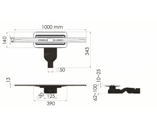 Желоб водосток BERGES SIMPEL 1000, матовый хром, боковой выпуск S-сифон D50 H60_, изображение 6
