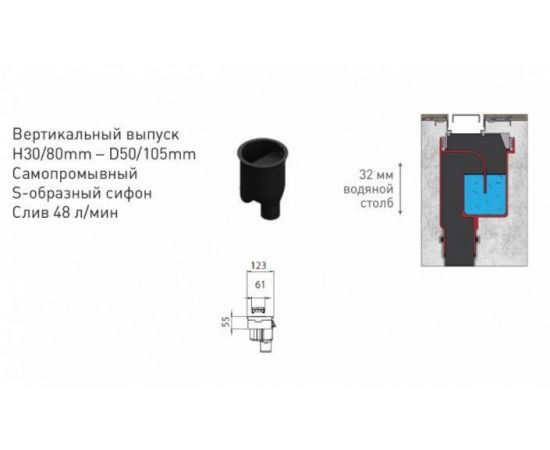Желоб водосток BERGES B1 Antik 600, хром глянец, вертикальный выпуск S-сифон D50/105мм H30/80мм_, изображение 5