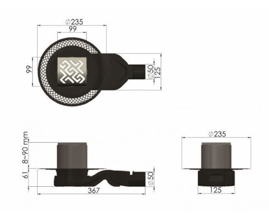 Трап водосток BERGES PLATZ Antik 150х150, матовый хром, боковой выпуск S-сифон D50 H60_, изображение 8