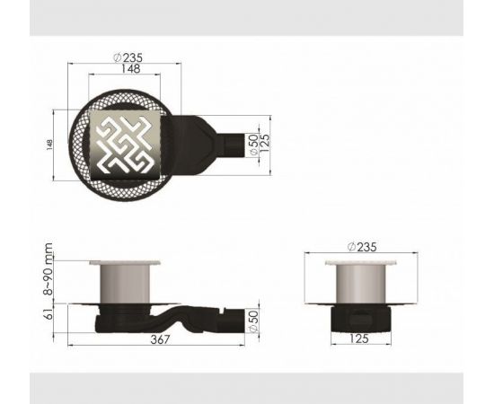 Трап водосток BERGES PLATZ Antik 150х150, матовый хром, вертикальный выпуск S-сифон D50/105мм H30/80мм_, изображение 7